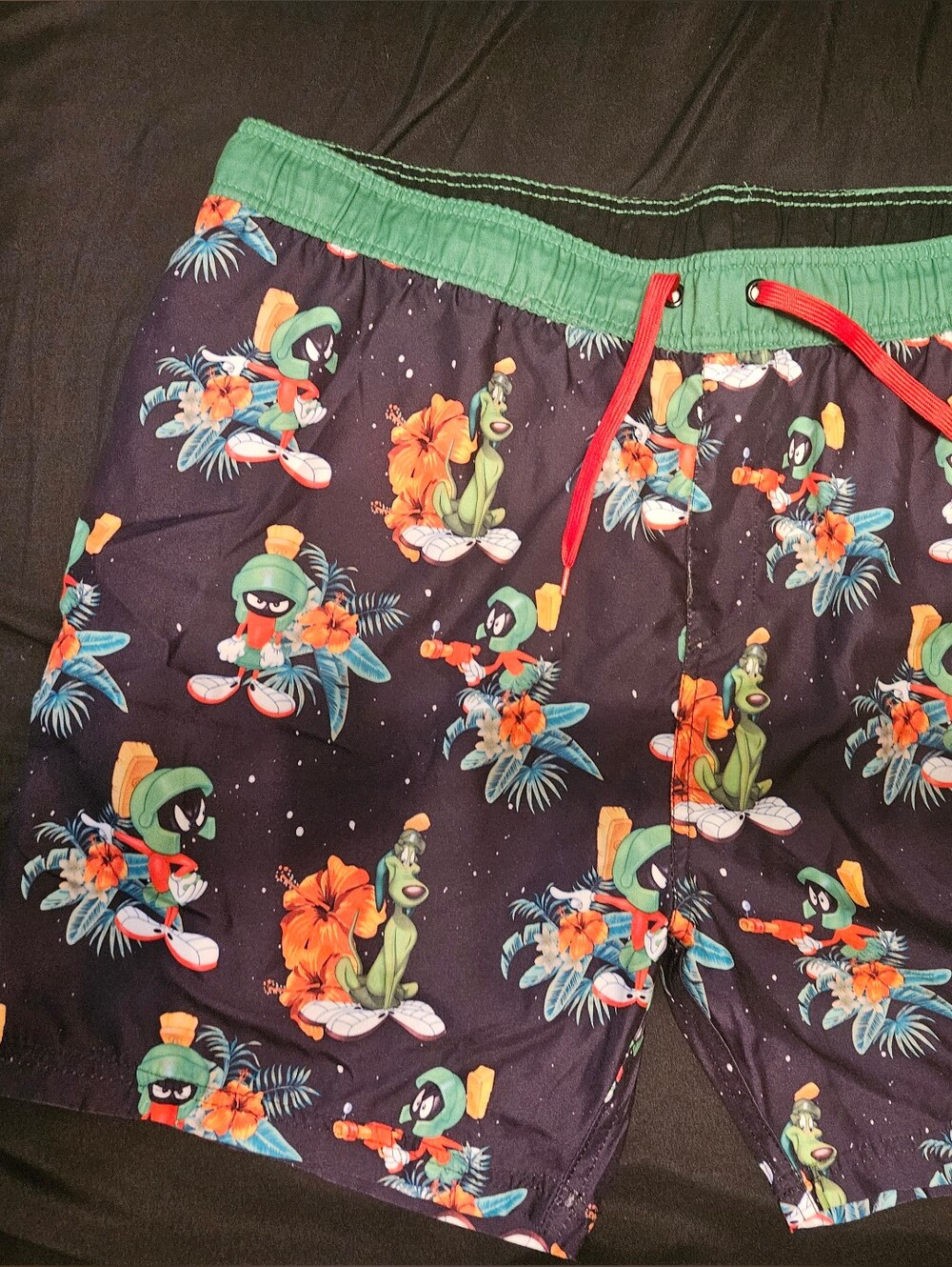 Warner Bros. Swim Shorts with Green Waistband and Red Drawstring